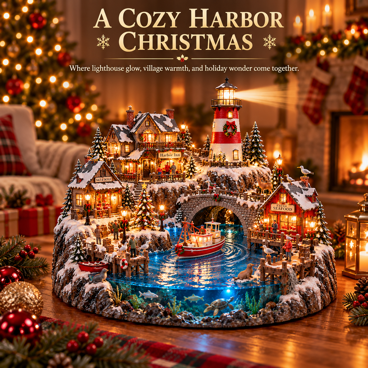 🔥 LAST DAY 50% OFF 🔥 Harborlight Christmas™ — Lighted Coastal Village with Lighthouse, Fishing Boat & Underwater Scene ✨