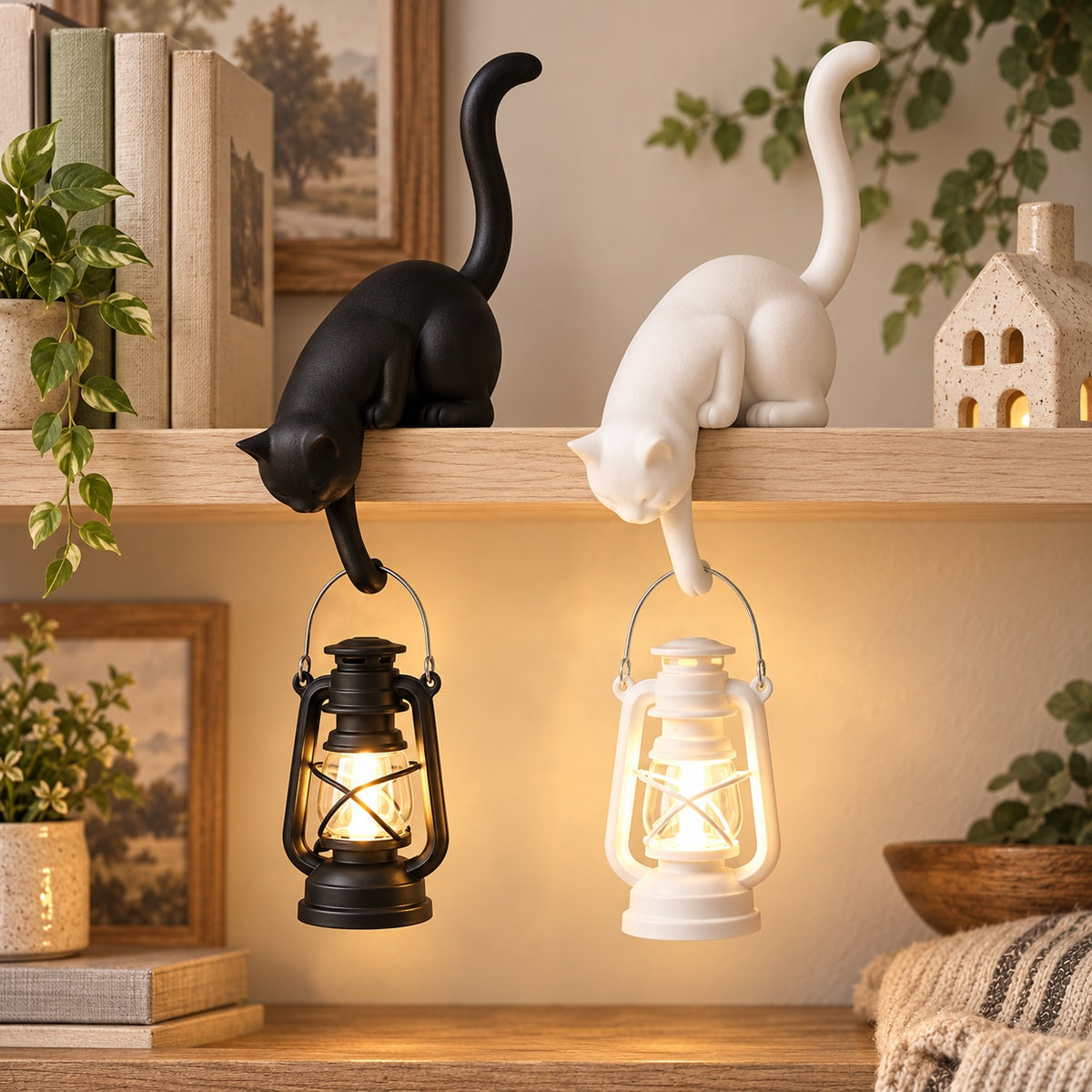 Black and white cat shelf lanterns