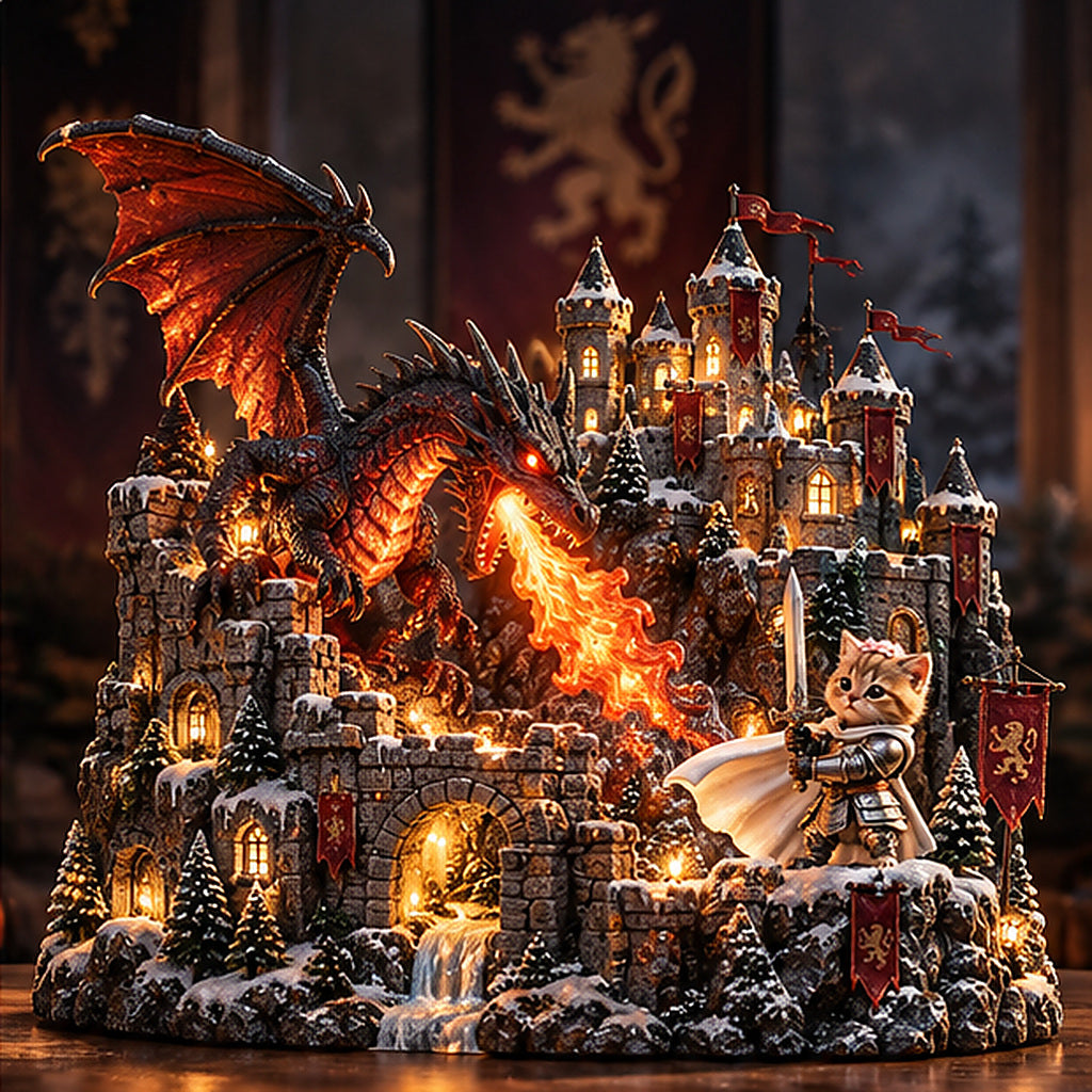 Illuminated dragon castle with fire effect and armored kitten