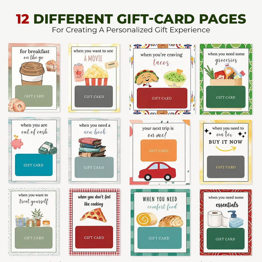 12 different gift card pages inside Christmas Gift Card Book