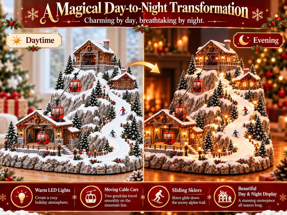 Glowing Christmas ski village at night