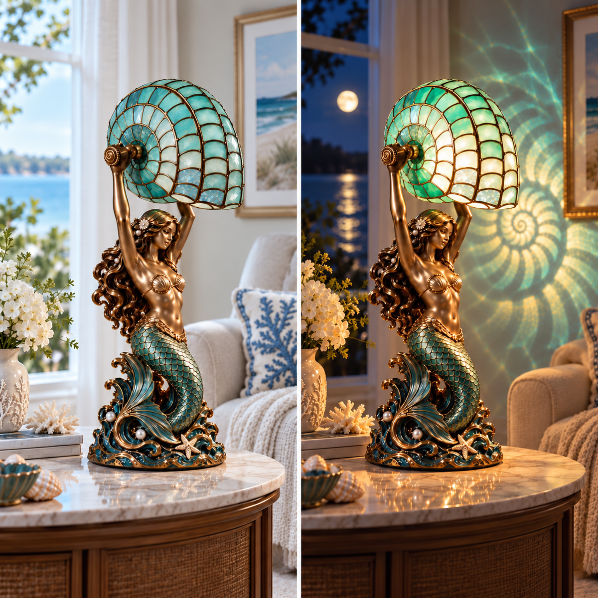 Mermaid Nautilus lamp day and night comparison