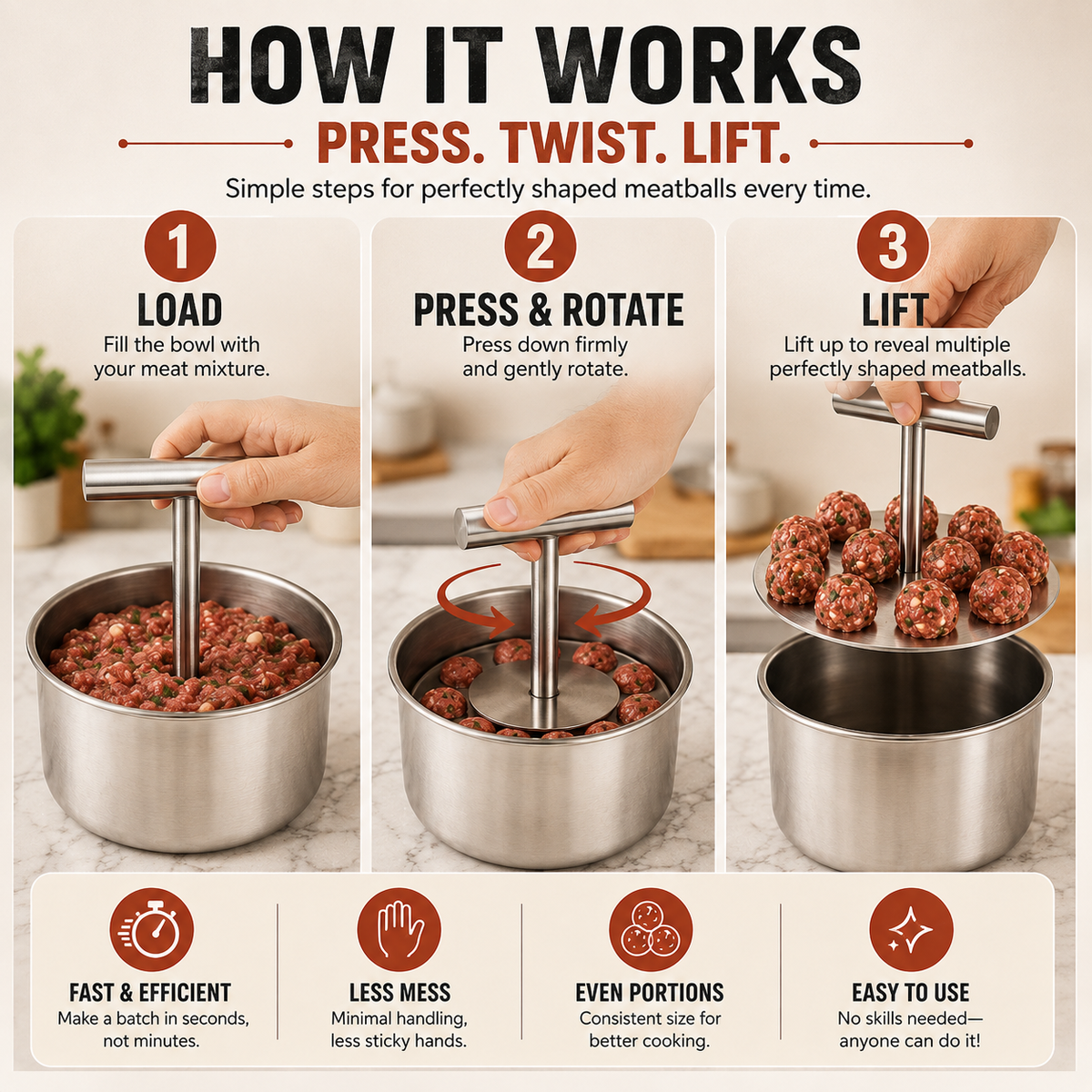 Stainless steel meatball press
