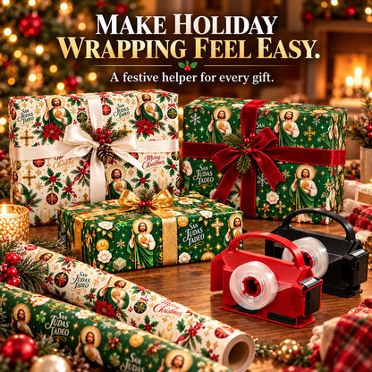 🎁 Buy 1 Get 1 FREE | 2-in-1 Gift Wrap Cutter & Tape Dispenser + FREE San Judas Tadeo Christmas Wrapping Paper 🎄