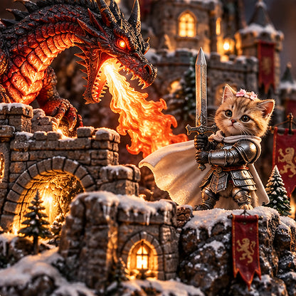 🐉 Knight Cat vs. The Dragon™ – Animated Fire-Breathing Dragon with Flapping Wings | Lighted Fantasy Castle Village