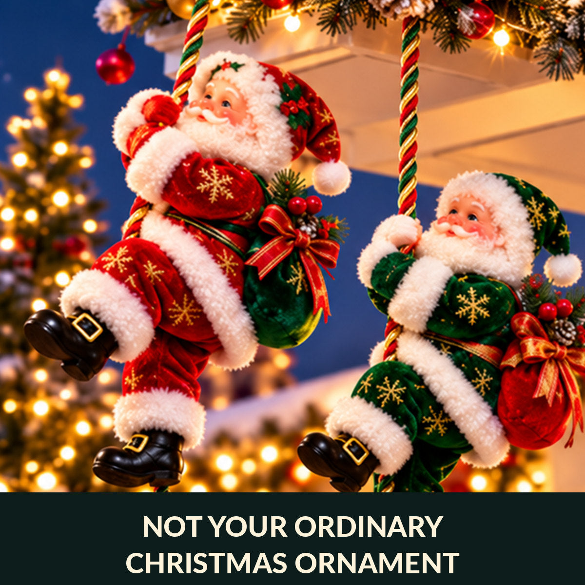 🎅🎄 Climbing Santa™ Christmas Rope Ornament – 4 Festive Colors | Adorable Santa with Gift Sack & Golden Jingle Bell | Holiday Porch & Home Decor ✨