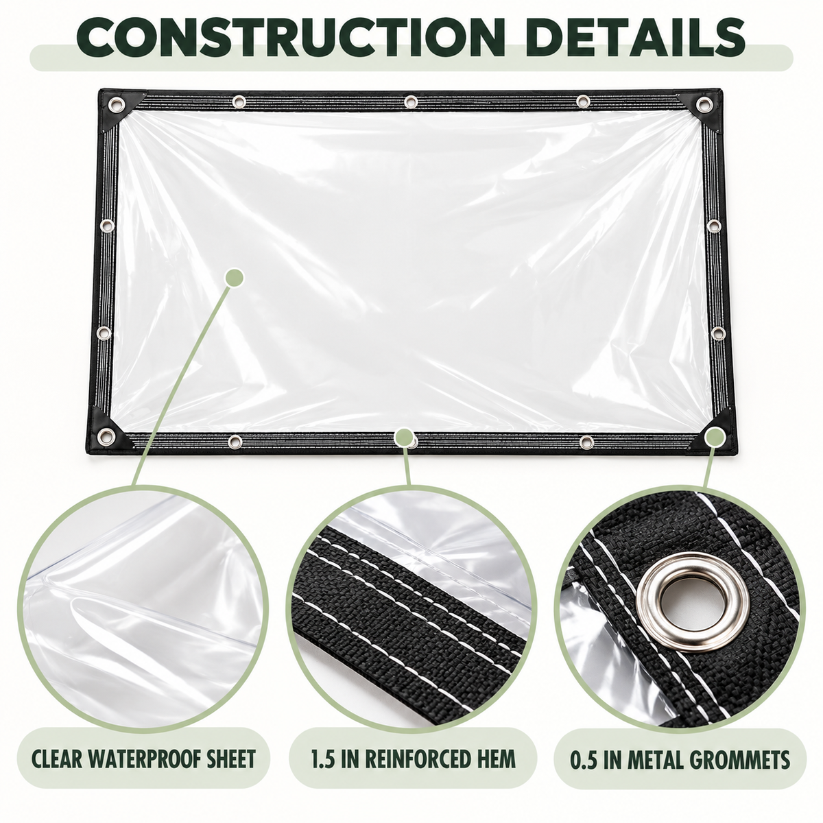 Clear tarp construction details with reinforced hem and metal grommets