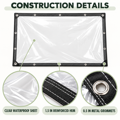 Clear tarp construction details with reinforced hem and metal grommets