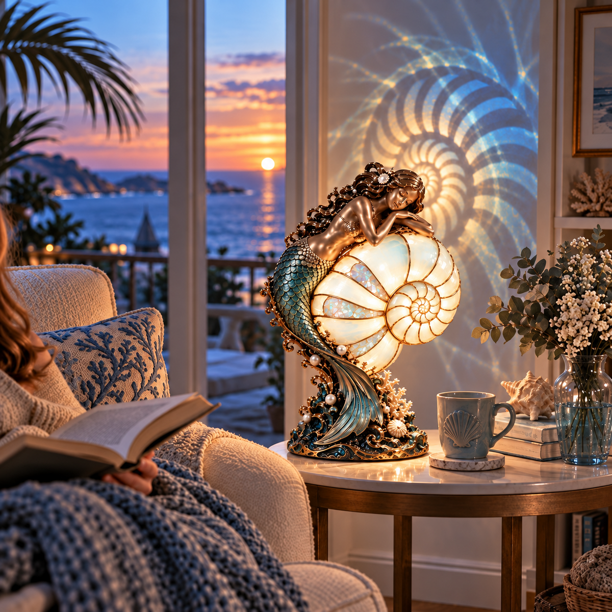 Woman reading beside glowing Nautilus Siren mermaid lamp