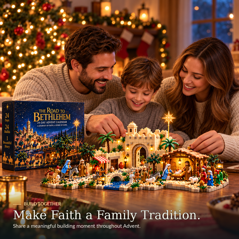 Parents and child building a Christian Nativity Advent calendar together