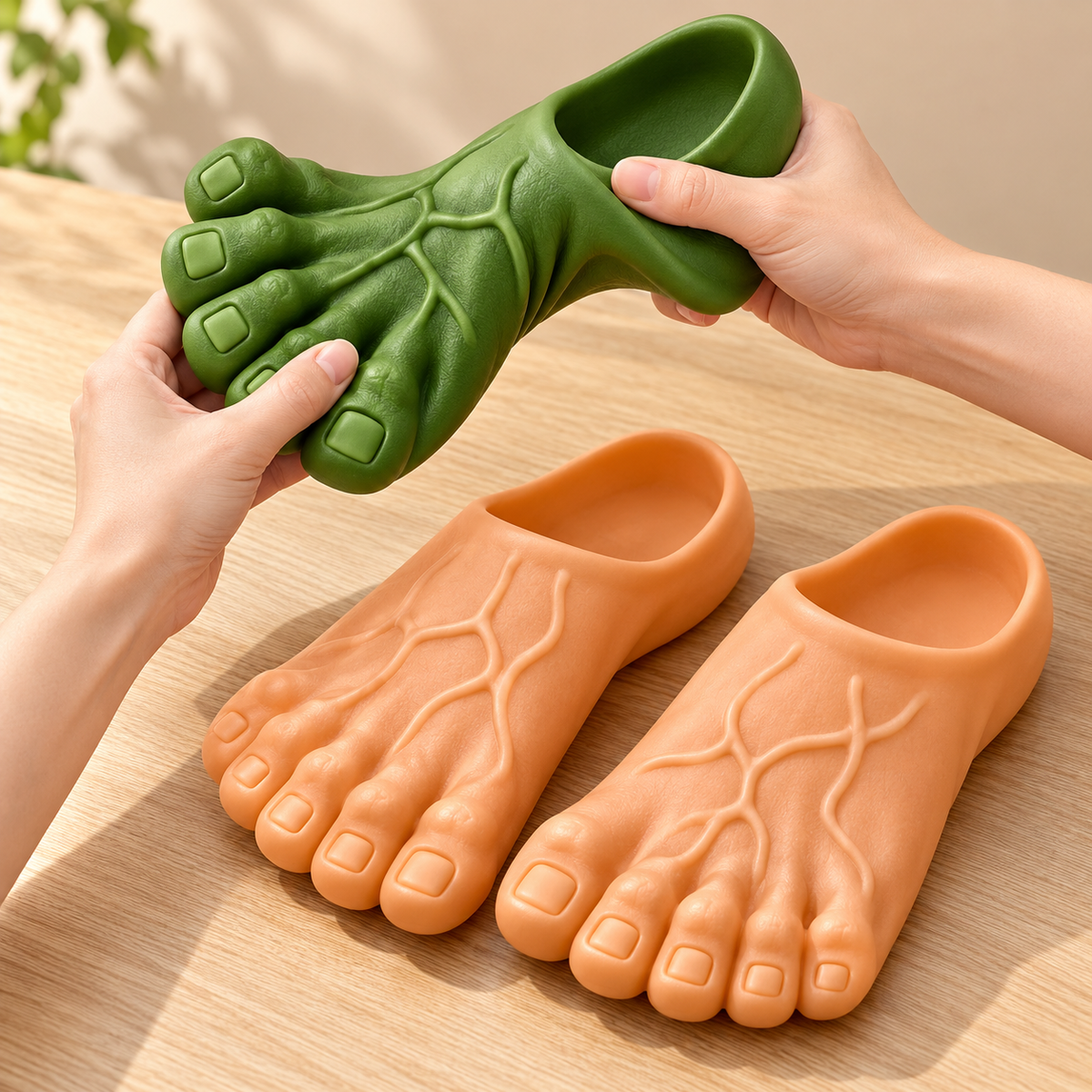 Detailed close-up of giant toe slippers