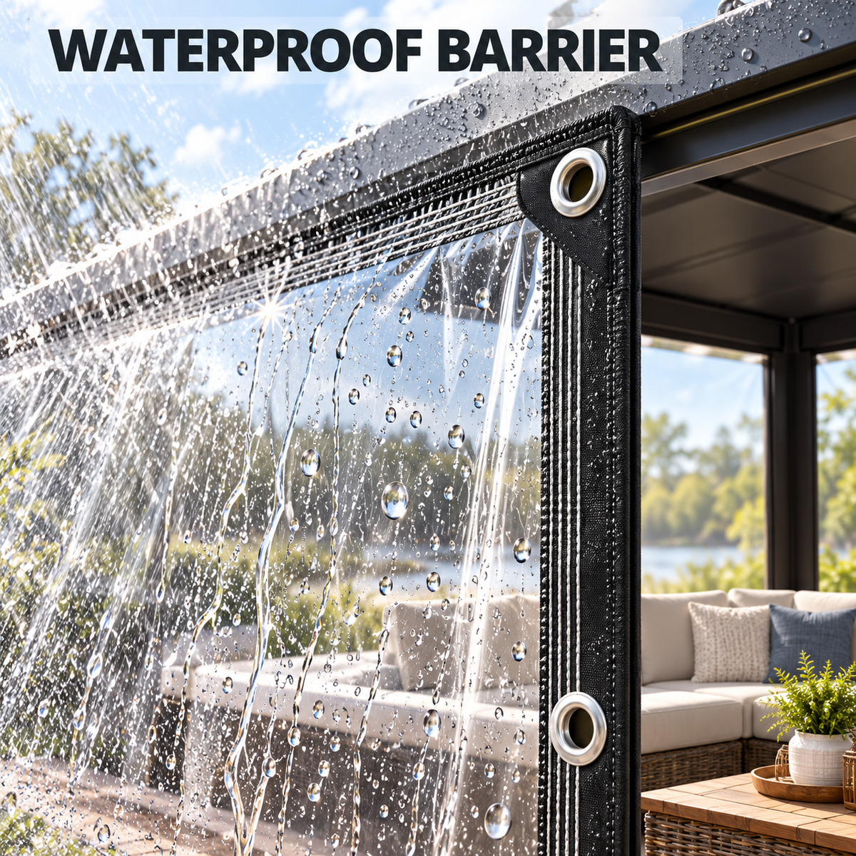 Water beading on the clear waterproof tarp
