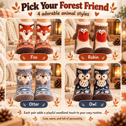 🦊🐦 Cozy 3D Animal Fuzzy Slipper Socks – Cute & Warm House Socks 🦦🦉