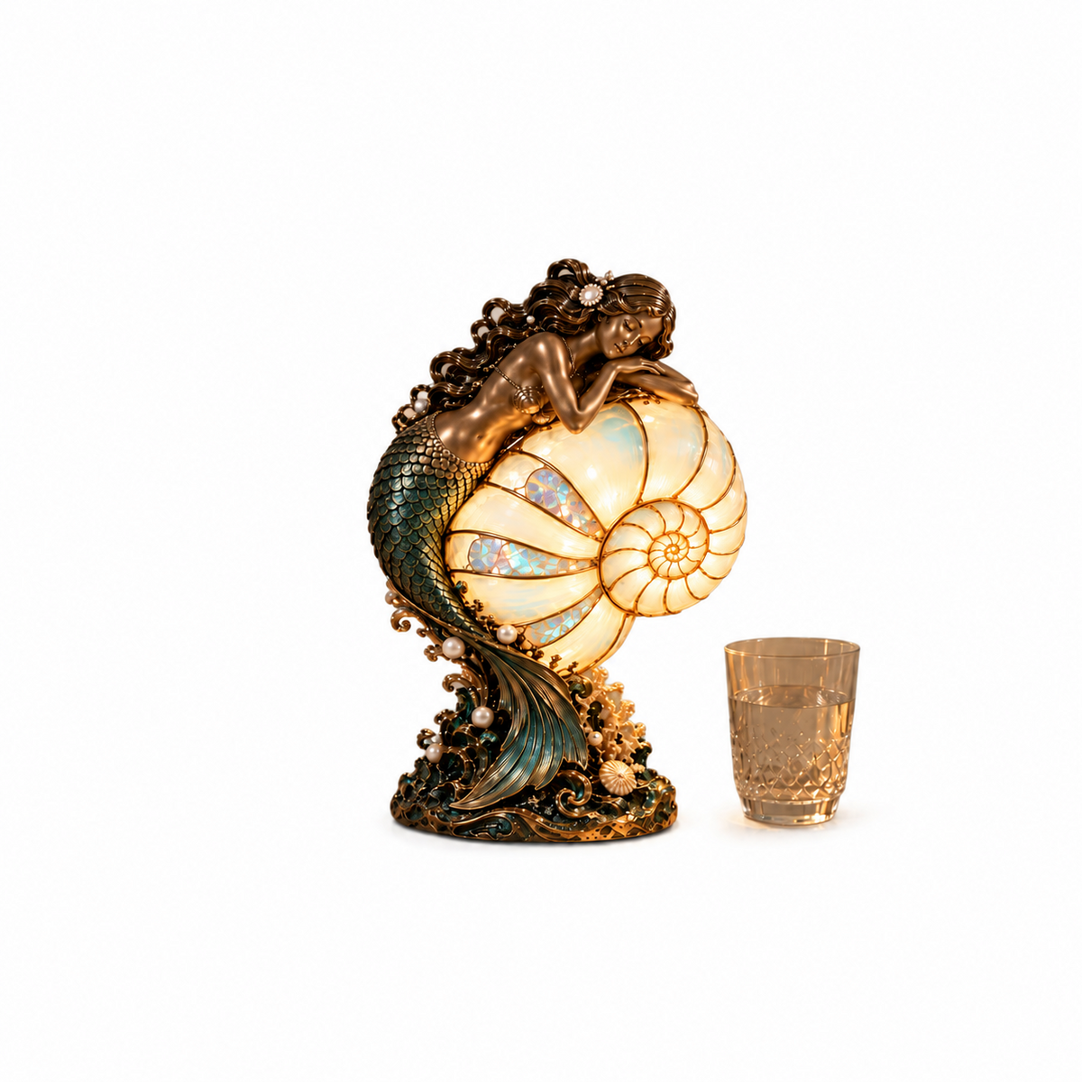Nautilus Siren lamp shown beside drinking glass for scale
