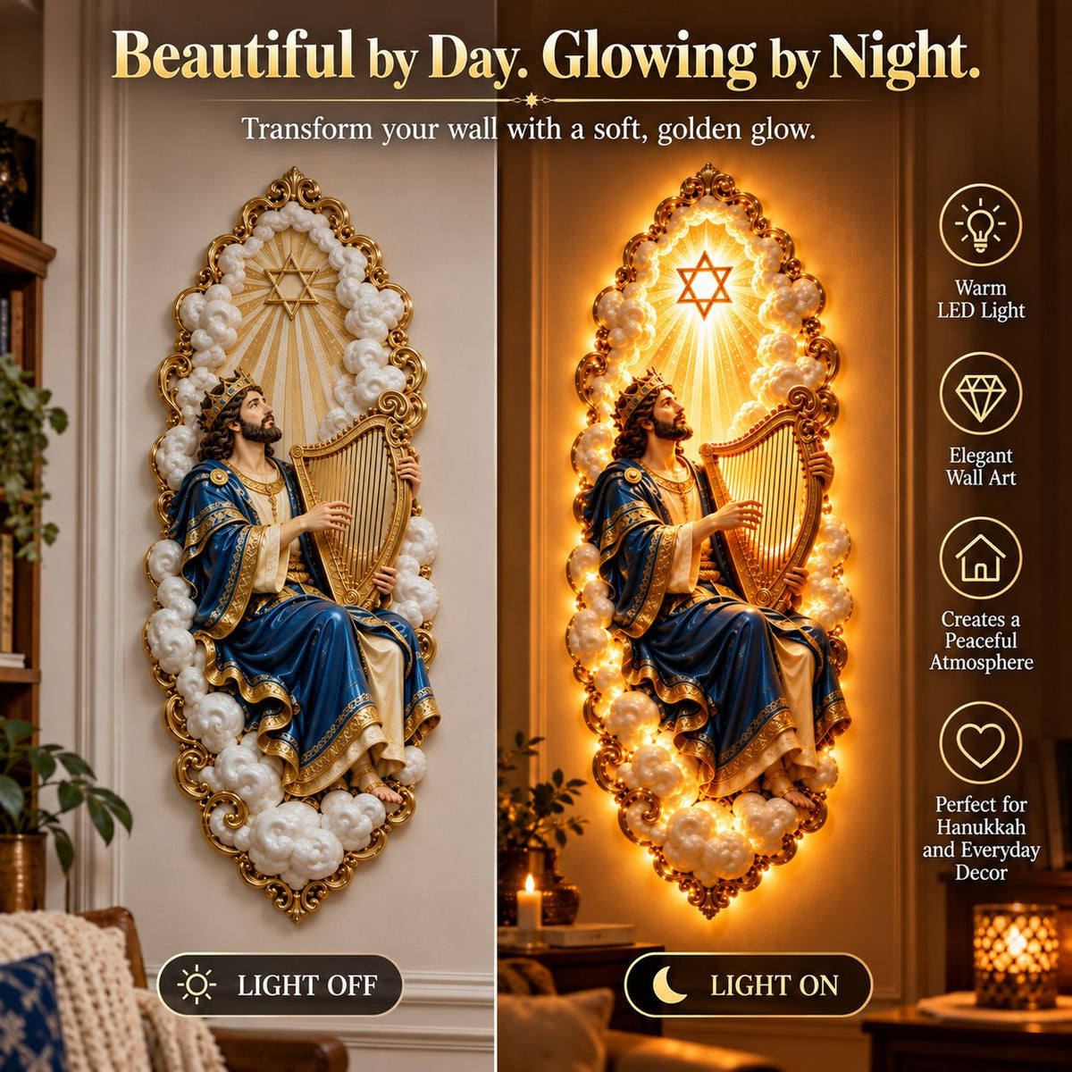 Jewish Heritage wall art shown illuminated and unilluminated