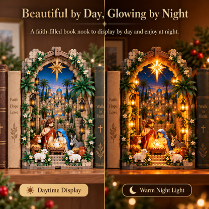 🔥Last Day 50% OFF-✨ Lighted Bethlehem Nativity Book Nook – Christmas Building Block Display of Faith