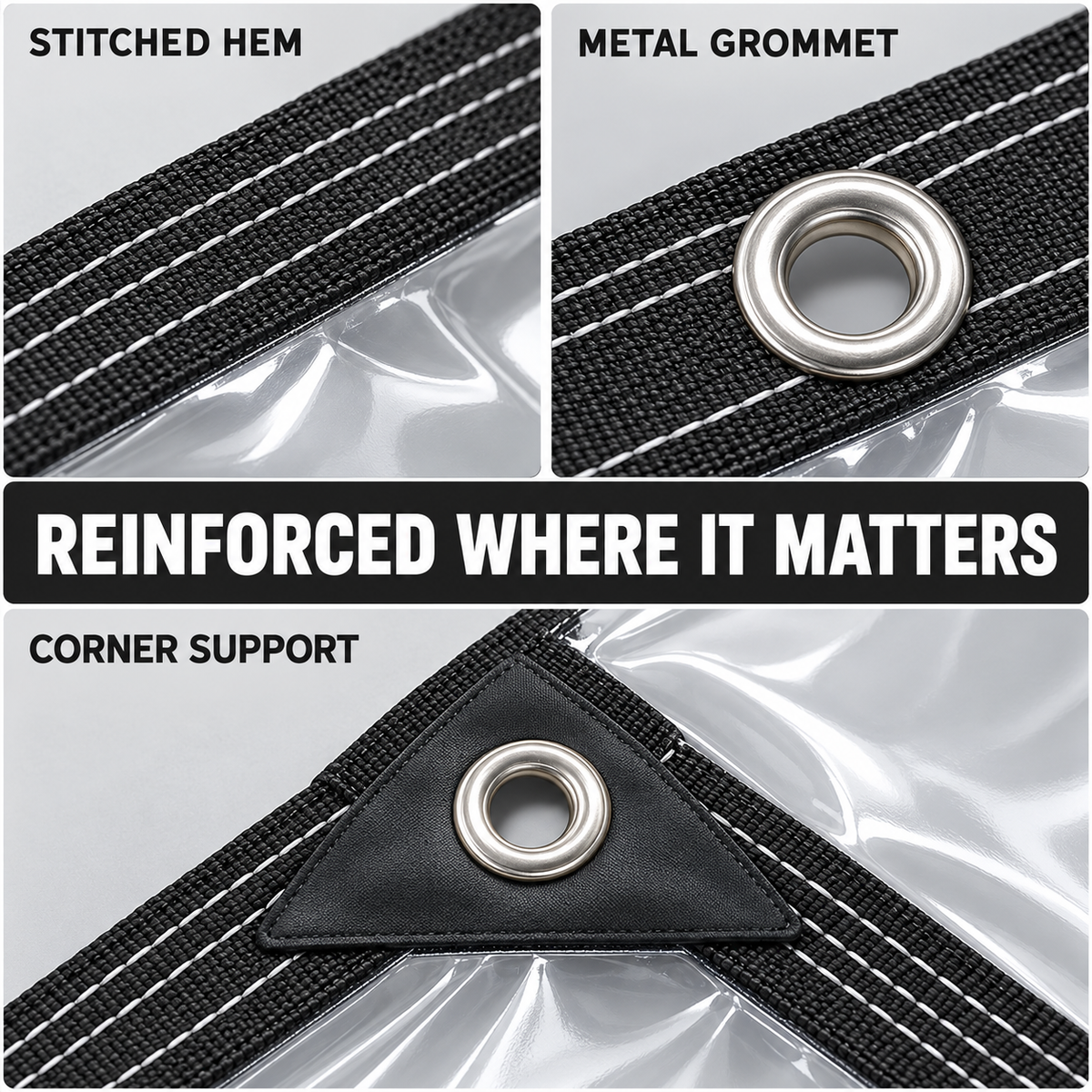 Close-up of stitched hem, metal grommet and reinforced corner