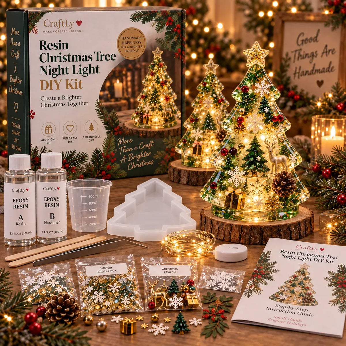 🎄Beginner-Friendly Resin Christmas Tree Night Light DIY Kit | Complete Kit with Mold, Resin, Fairy Lights & Festive Decorations ✨