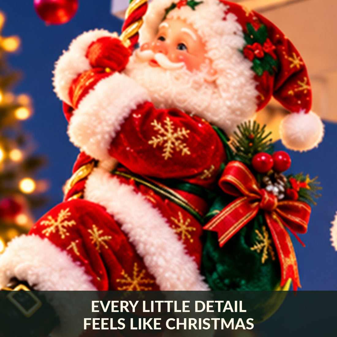 Close-up of Santa decorative details, plush trim, snowflake pattern and gift sack