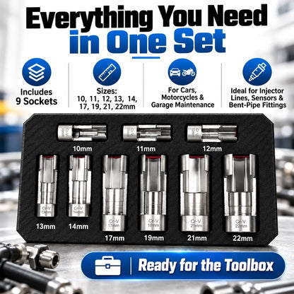 🔥LAST DAY 49% OFF - 🛠️9-Piece Injector & Sensor Line Socket Set – 10–22mm Open-Side Cr-V Sockets, 3/8' & 1/2' Drive