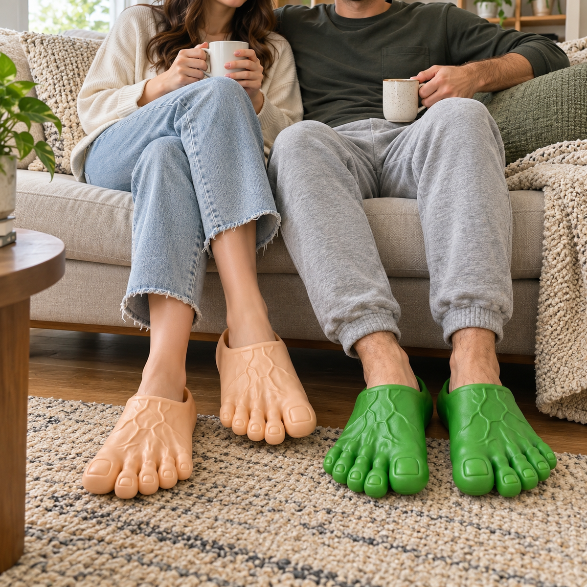 Couple wearing giant foot slippers