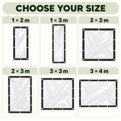 Six available clear tarp sizes