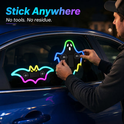 LED Glowing Bat & Ghost Car Window Light Vibration‑Sensing Spooky Cyberpunk Vehicle Light Decal for Night Drive & Halloween Car Makeover