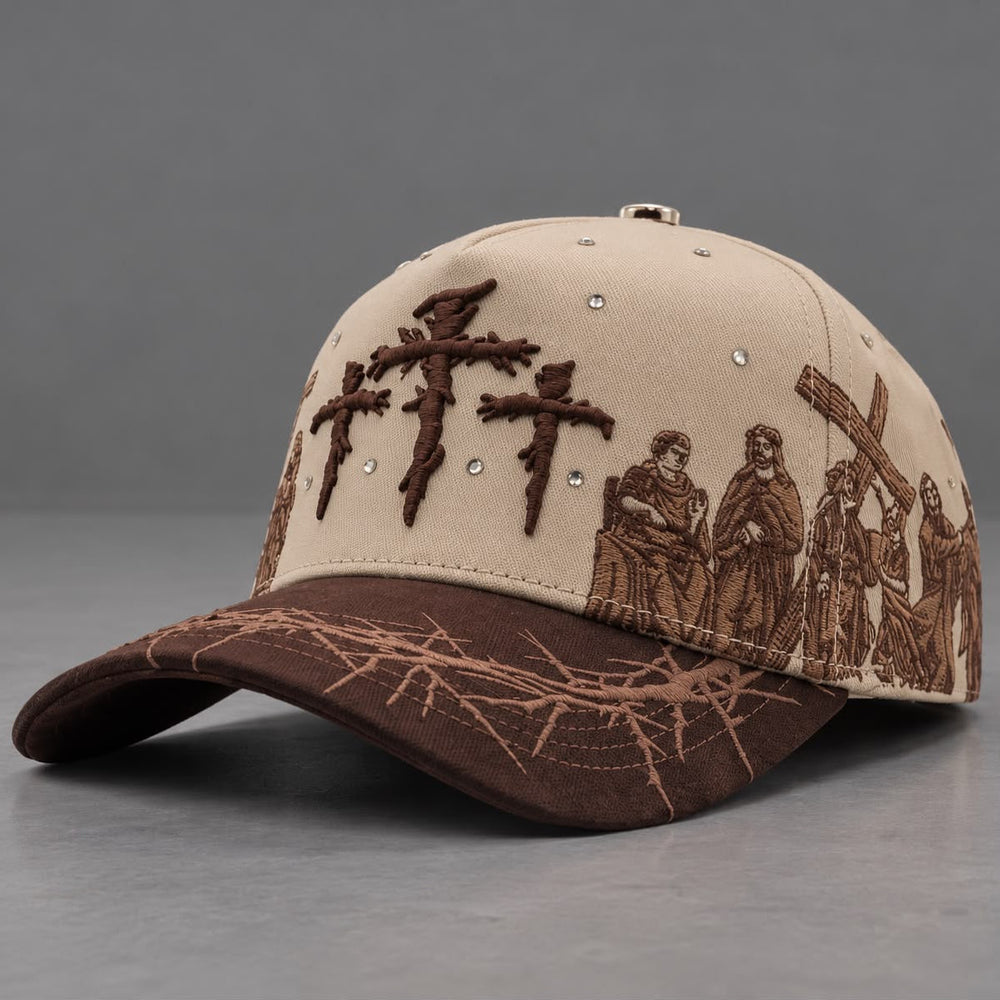 Close angled product view showing raised crosses and cream crown