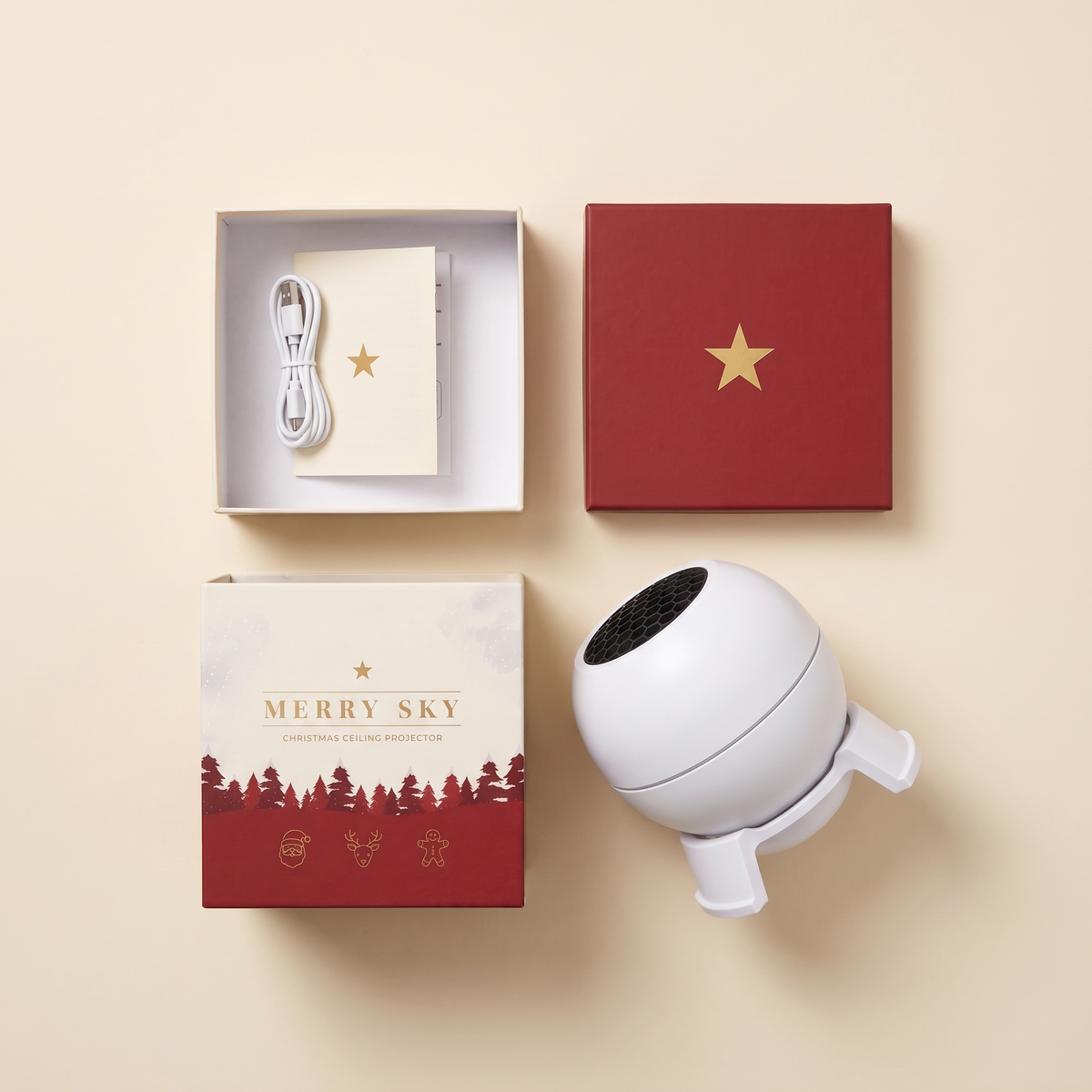 MerrySky Christmas projector package imagery showing the device, gift-style box, cable and printed booklet