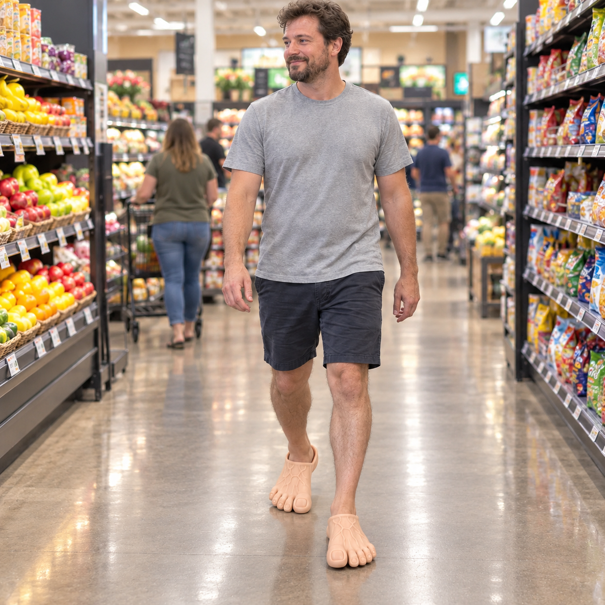 Person walking outside wearing giant foot slippers
