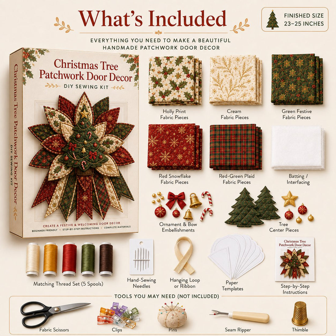 Christmas quilted door hanging sewing kit packaging and included fabrics, thread, batting, embellishments and patterns