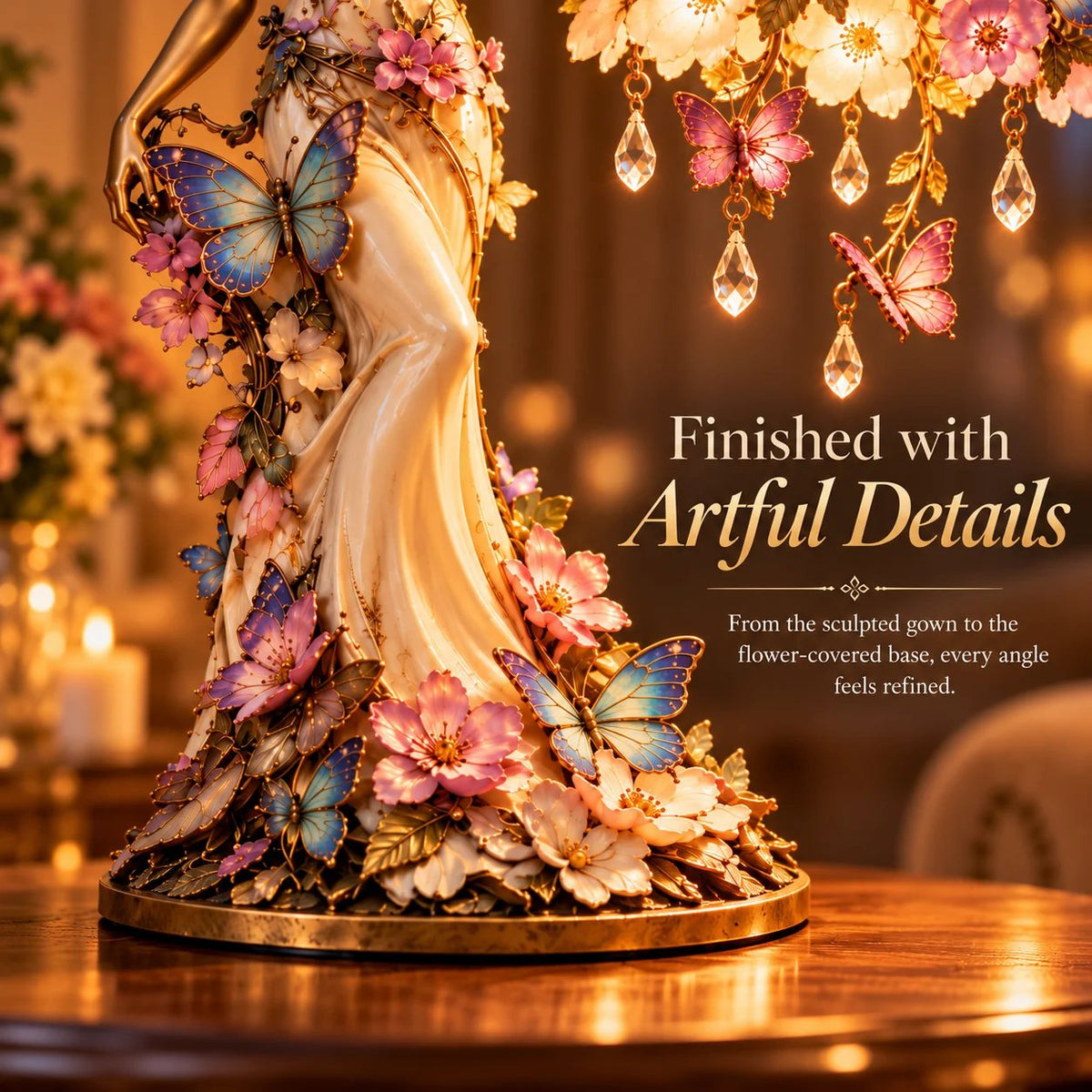 🦋 „Butterfly Lady“-Akzentlampe – Elegante Lampe im Stil einer Blumengöttin mit Kristalltropfen