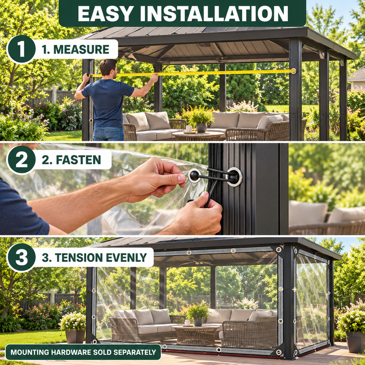 Three-step clear tarp installation guide in a mild-weather patio setting