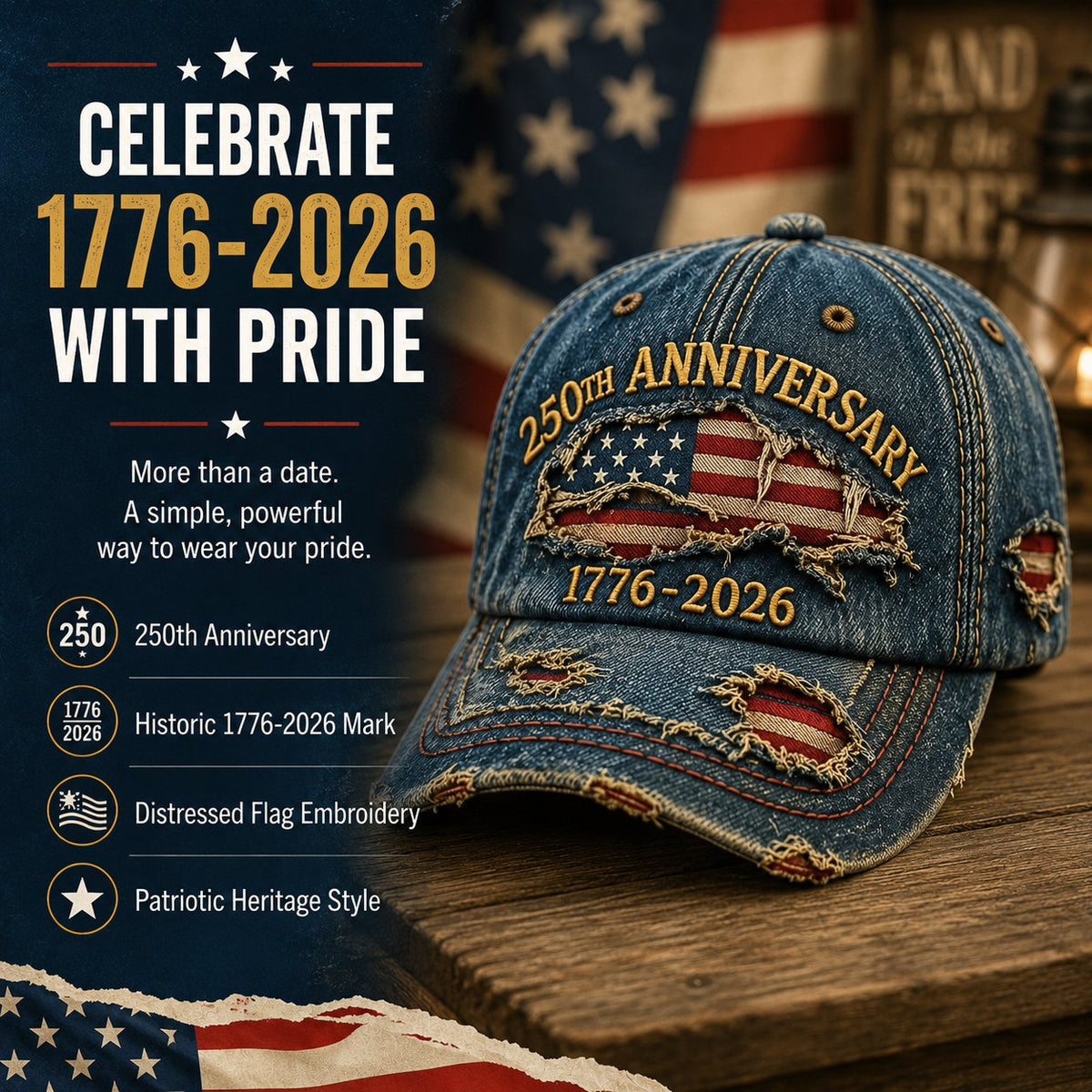 🔥 Limited-Time 49% OFF | 🇺🇸 America 250™ 1776–2026 Distressed Denim Baseball Cap – Heritage Edition 🧢