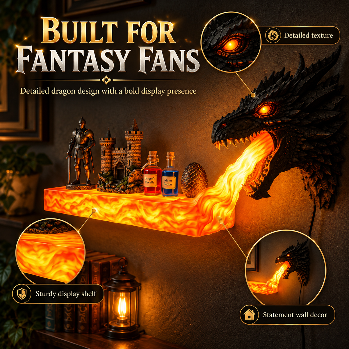 Dragonfire shelf in fantasy gaming room
