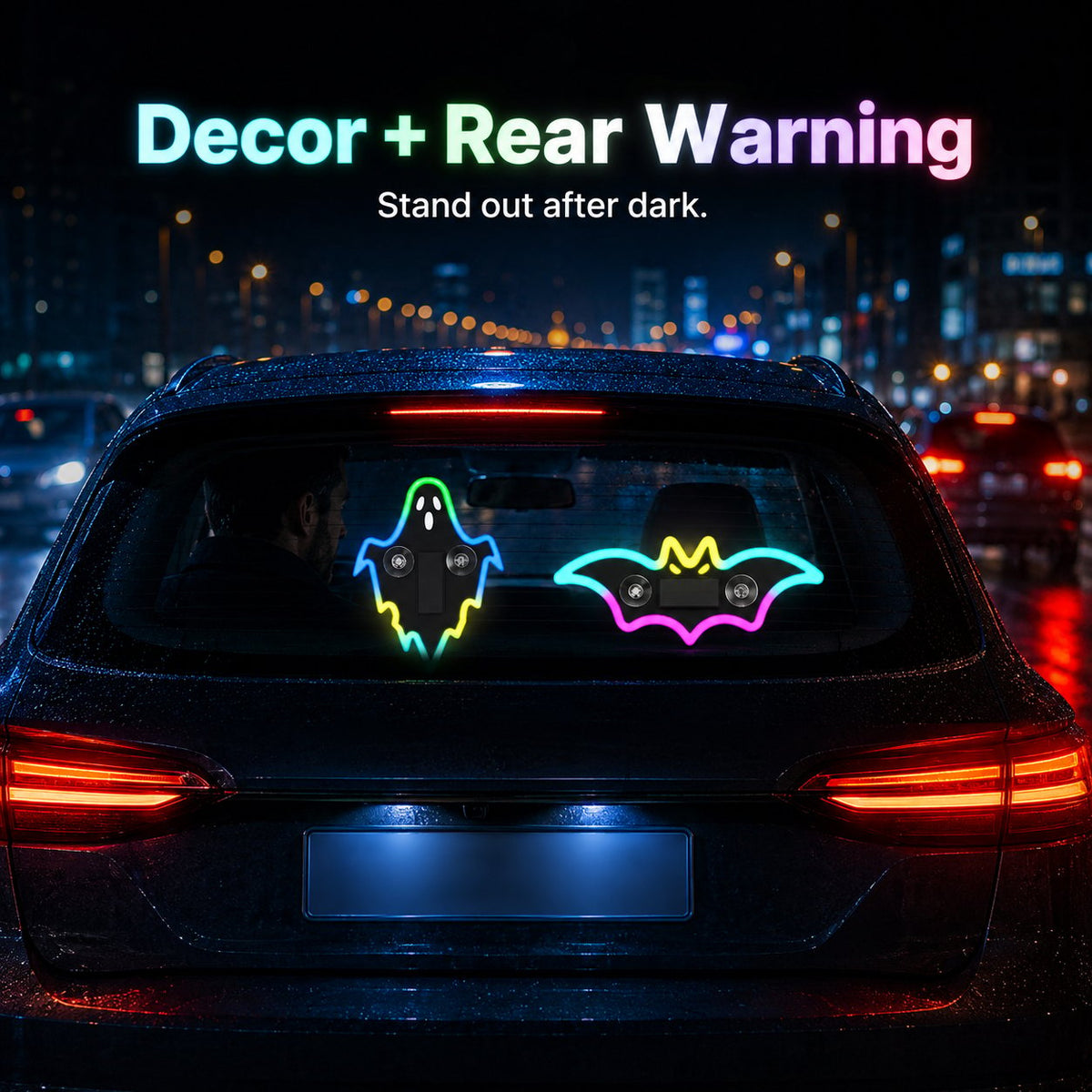 LED Glowing Bat & Ghost Car Window Light Vibration‑Sensing Spooky Cyberpunk Vehicle Light Decal for Night Drive & Halloween Car Makeover