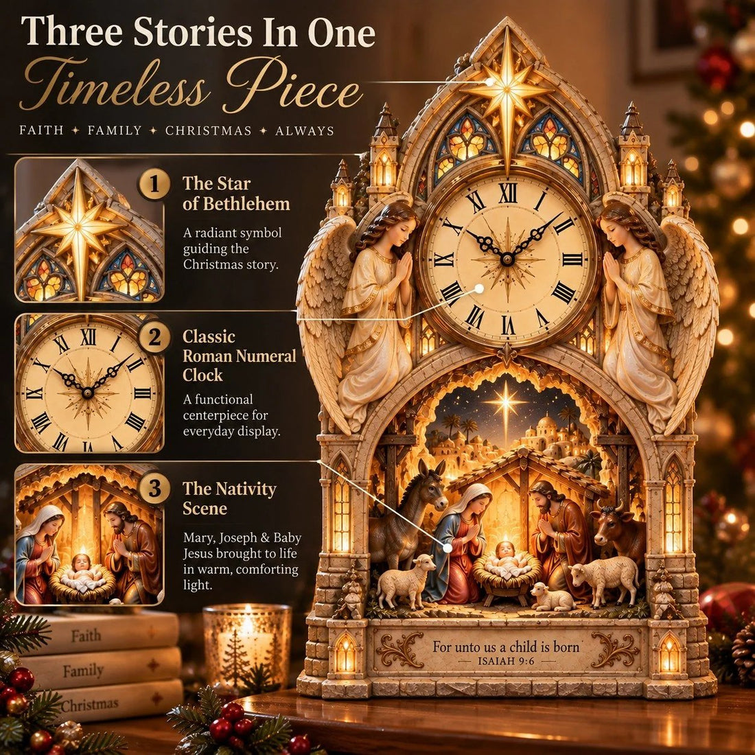Three symbolic levels of the Bethlehem Nativity clock: star, Roman numeral clock and Holy Family