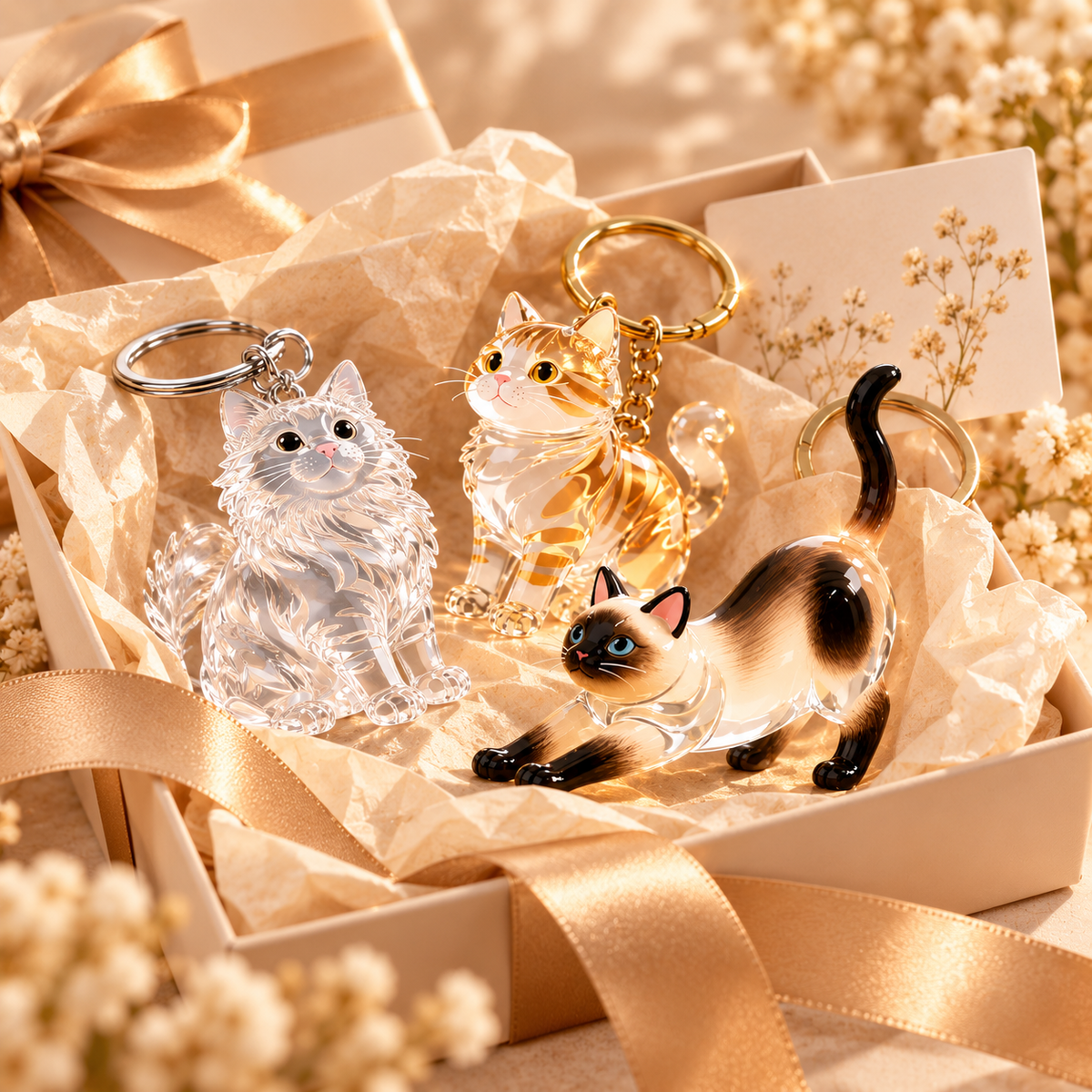 Cat keepsake keychains presented inside gift box