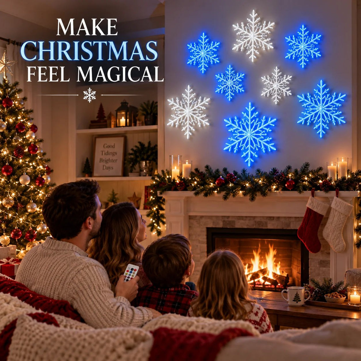 ❄️ LED Snowflake Wall Lights | 3D Christmas Snowflake Décor with Blue & White Glow, Remote Control & Magical Indoor Holiday Atmosphere ✨