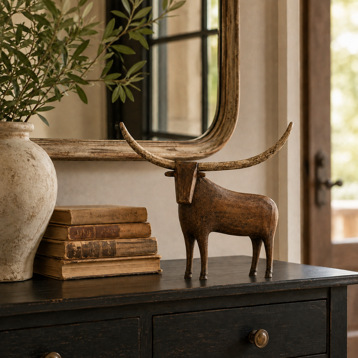 Vintage Longhorn Bull Sculpture styled on console
