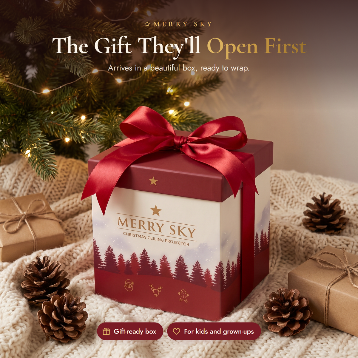 MerrySky Christmas projector gift-style package decorated with a red bow among festive ornaments and pinecones