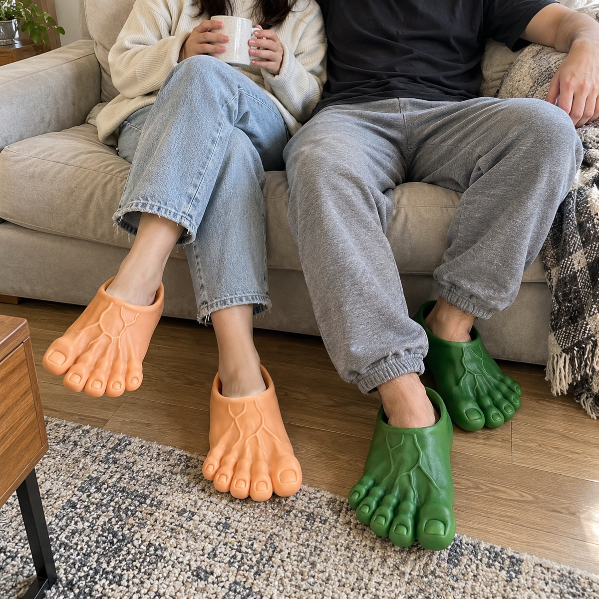 Customer-style indoor lifestyle image with giant foot slippers