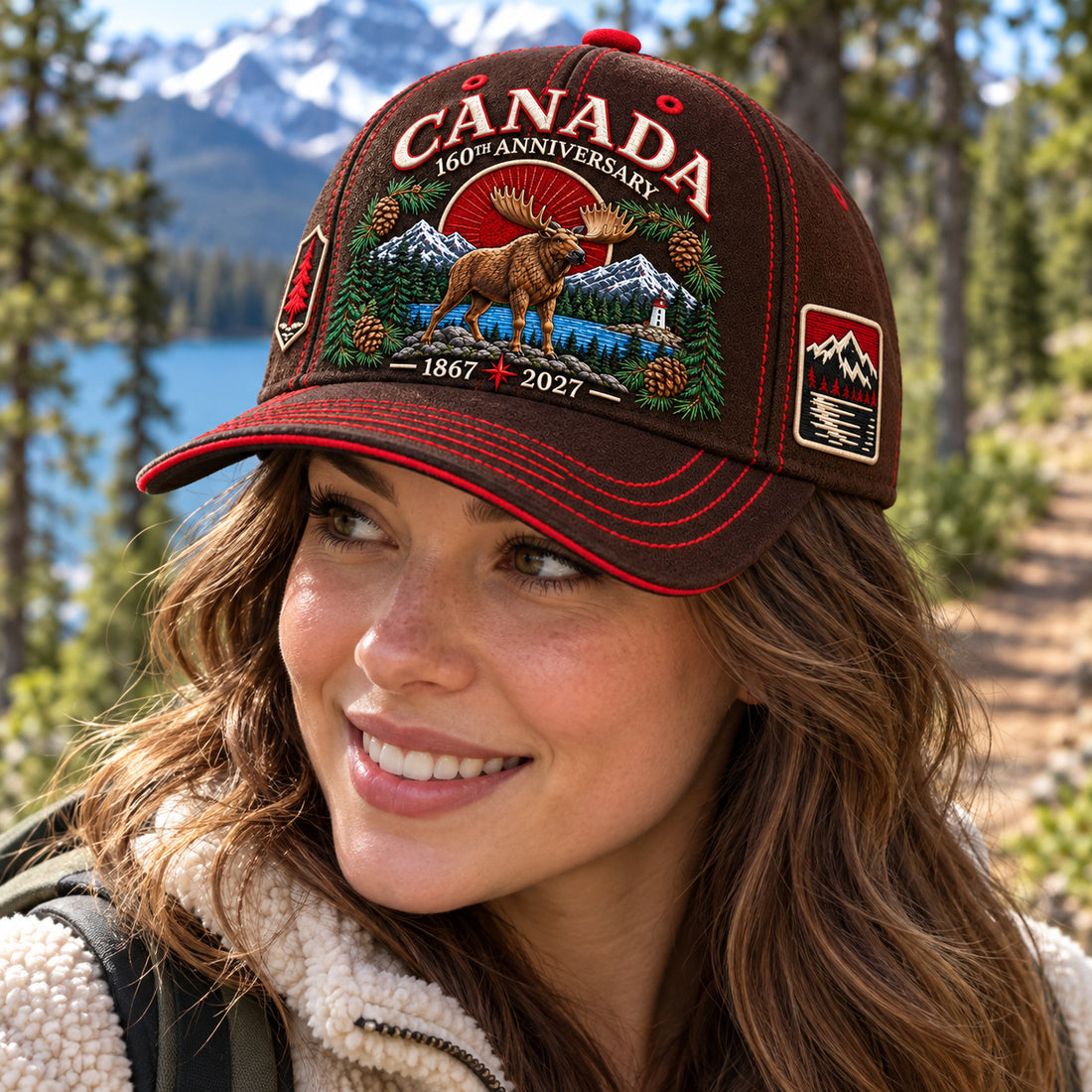 Woman wearing Canada anniversary cap