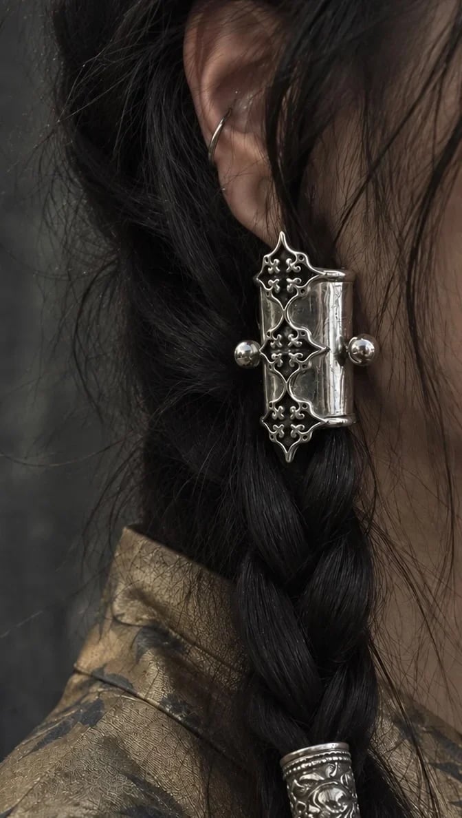 Antique silver gothic filigree hair cuff worn on a dark braid
