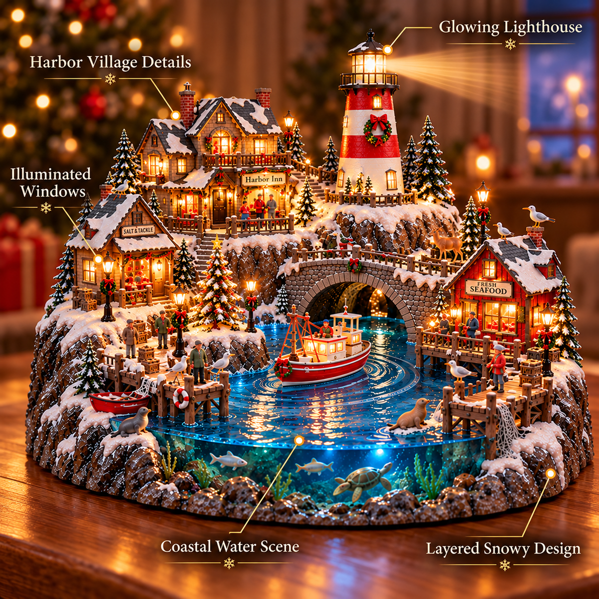 🔥 LAST DAY 50% OFF 🔥 Harborlight Christmas™ — Lighted Coastal Village with Lighthouse, Fishing Boat & Underwater Scene ✨