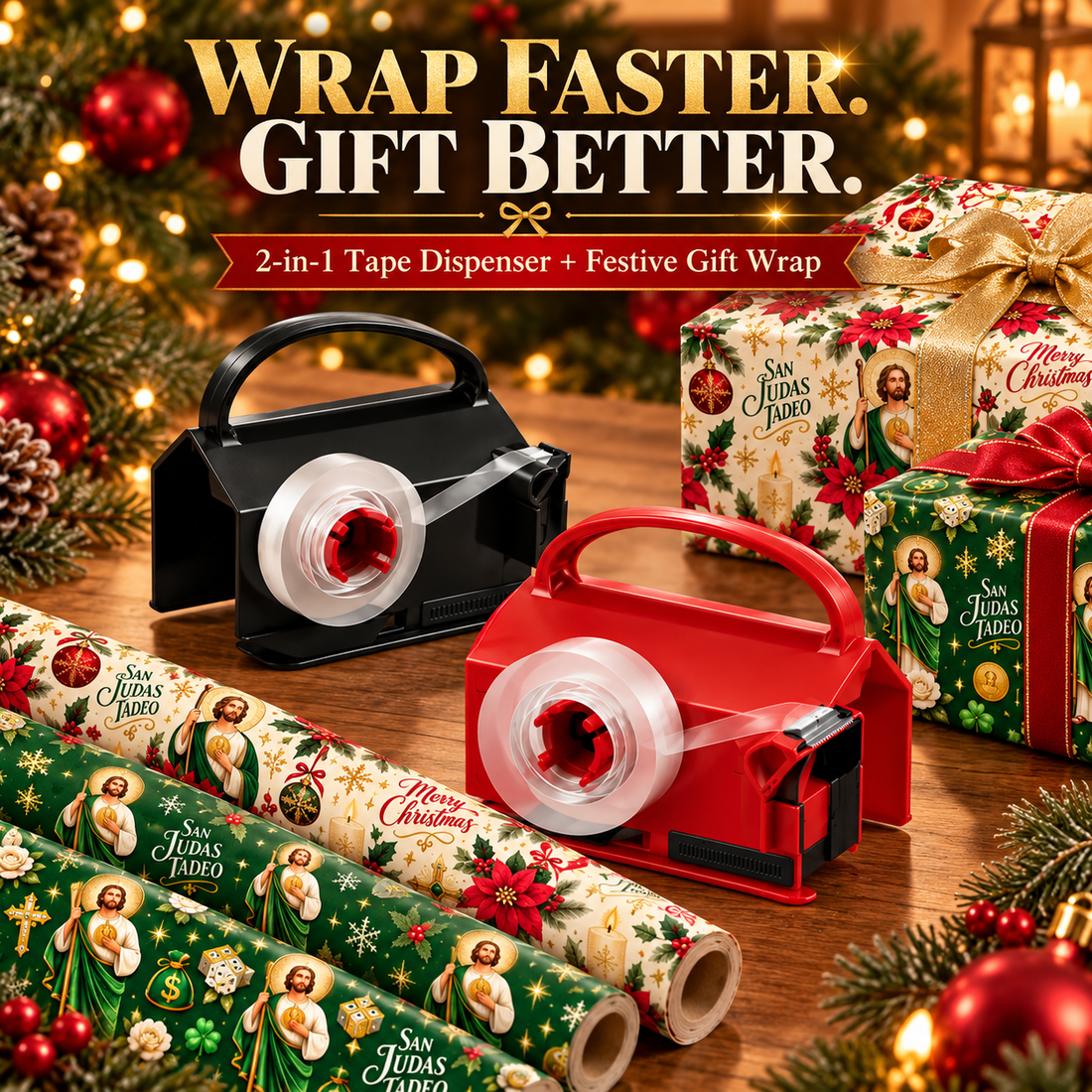 Holiday WrapMate wrapping tools displayed alongside Christmas wrapping paper and presents