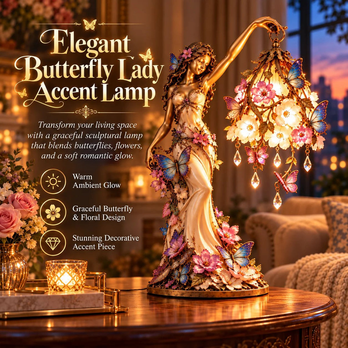 🦋 „Butterfly Lady“-Akzentlampe – Elegante Lampe im Stil einer Blumengöttin mit Kristalltropfen
