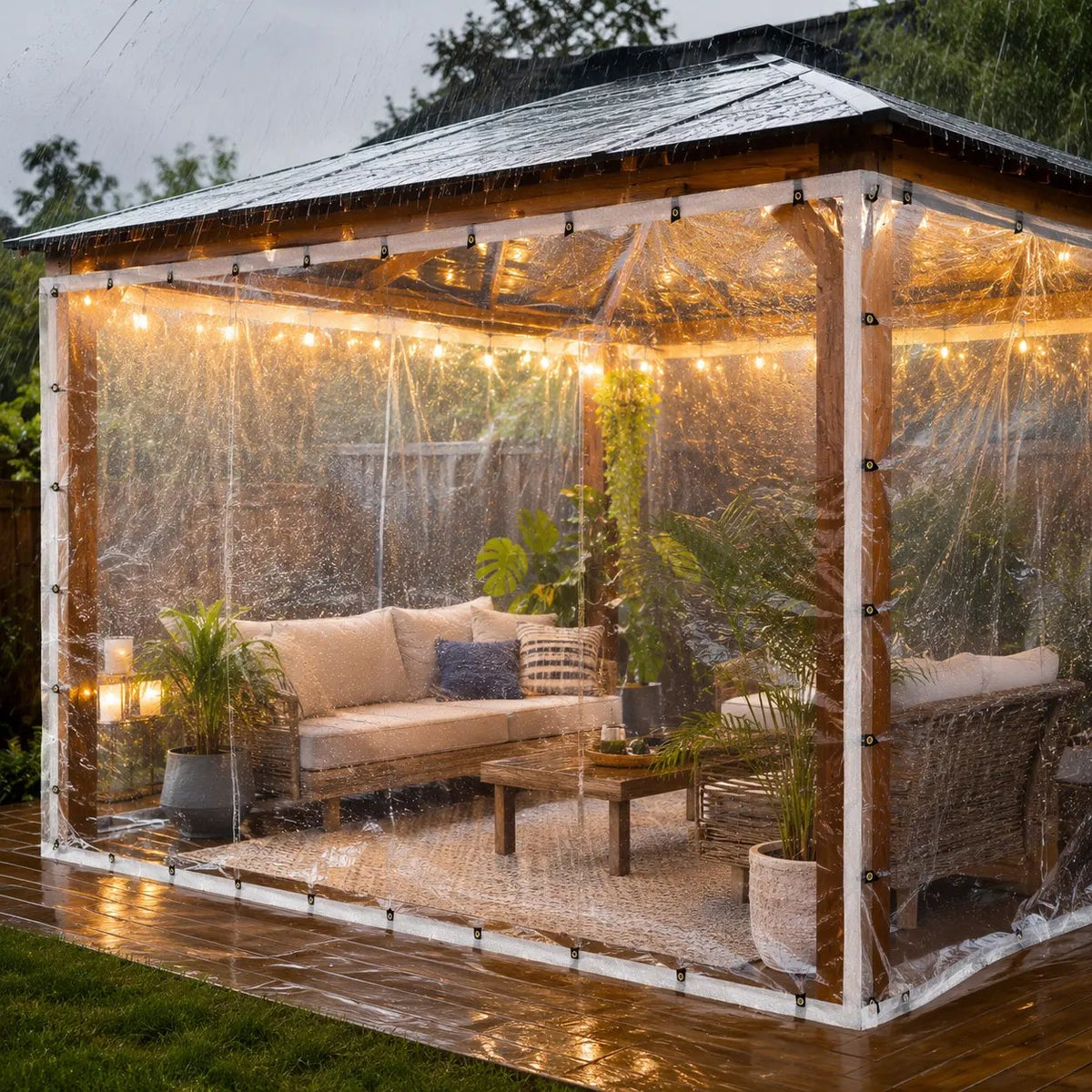 Transparent tarp protecting outdoor patio during rain