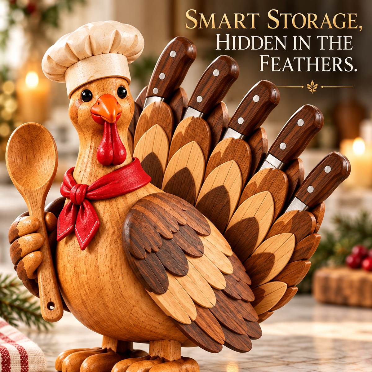 Knife storage slots hidden inside turkey feather design