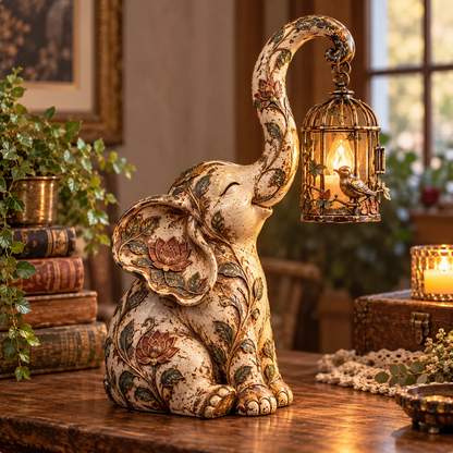 🐘✨Gentle Glow Elephant™ – Vintage Floral Lantern Statue